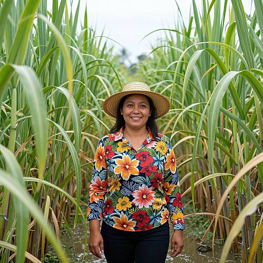 Photograph of a smiling woman with dark skin, wearing a colorful floral blouse, black pants, and a straw hat, standing in a vibrant green rice