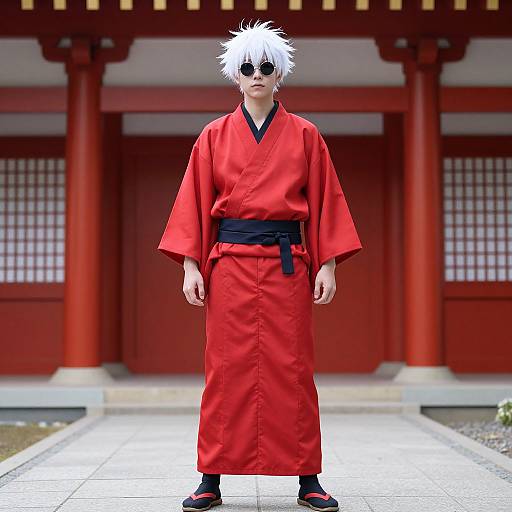 Photograph of a young man with white spiky hair, wearing red kimono, black belt, sunglasses, black sandals, standing in front of a