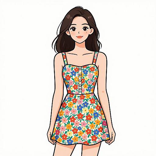 Digital illustration of a smiling woman with long black hair, wearing a colorful floral sundress with spaghetti straps, standing against a plain white background.