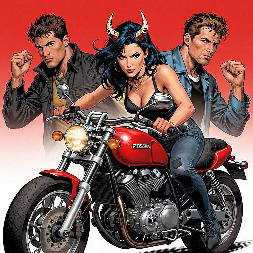 Digital comic-style illustration of a seductive demon woman with black hair and horns, riding a red motorcycle, flanked by two angry, clenched-f