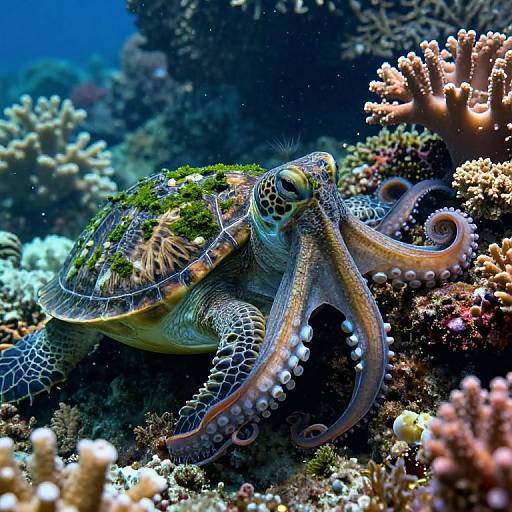 Photograph of a vibrant sea turtle with green algae-covered shell and extended tentacles, surrounded by colorful coral reefs in a deep blue ocean.