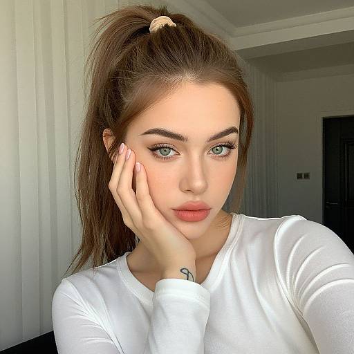 Photograph of a young woman with green eyes, light skin, brown hair in a high ponytail, wearing a white long-sleeve shirt,