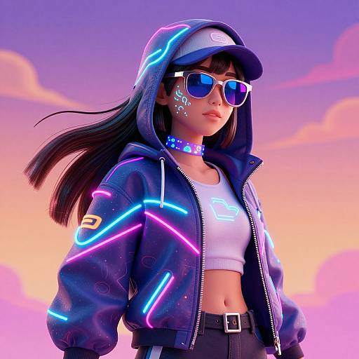 Digital artwork of a neon-lit, anime-style girl in a hooded jacket, white crop top, choker, and sunglasses, against a pink