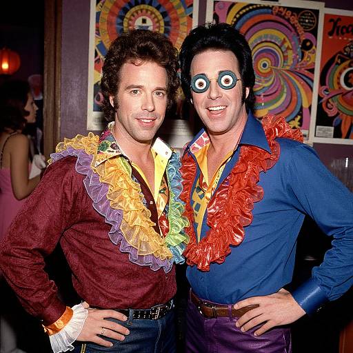 Photograph of two men in colorful, ruffled shirts and vibrant necklaces, one with black eye makeup, smiling in a psychedelic-themed room.