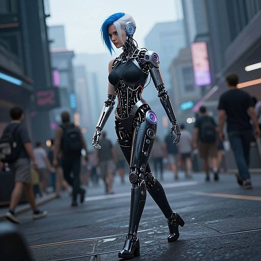 Cyberpunk city street scene; woman with blue hair, black metallic bodysuit, robotic limbs, walks confidently among blurred, neon-lit pedestrians
