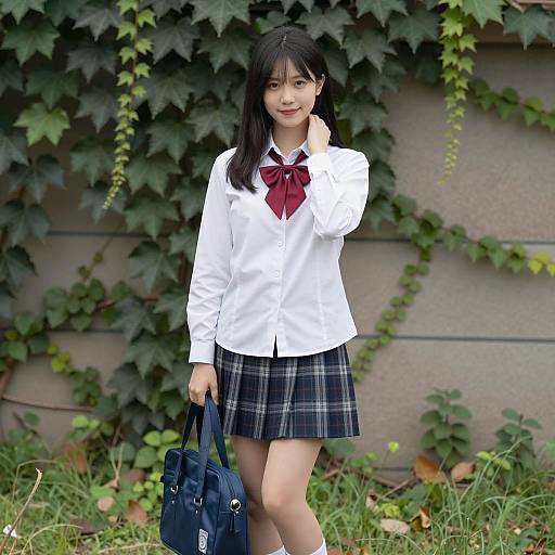 Asian Schoolgirl Standing Outdoors with Bag