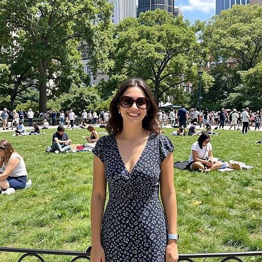 Smiling Woman in Navy Floral Dress