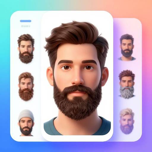 Digital CGI image of a bearded man with dark brown hair, surrounded by six smaller portraits of himself with varying beards. Gradient blue and pink background