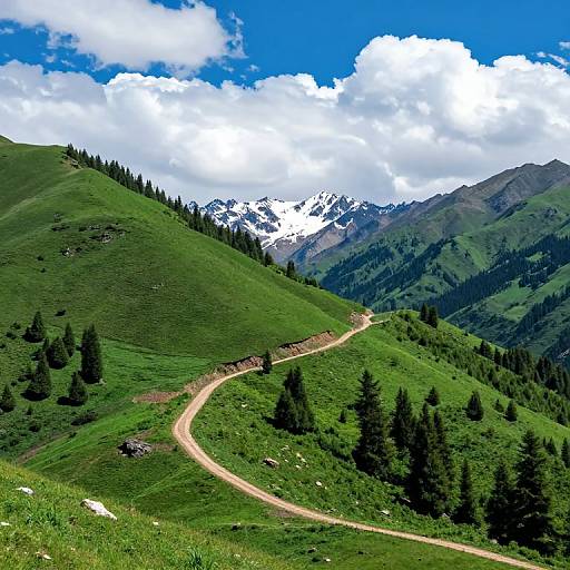 Photograph of a winding dirt road through lush green hills, with pine trees, snow-capped mountains, and a bright blue sky with fluffy white clouds