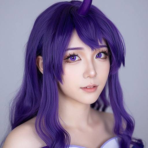 Digital portrait of an anime-style woman with long, wavy purple hair, purple horn, and large blue eyes, against a light blue background.