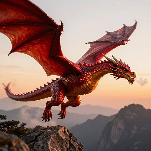 Photograph of a majestic red dragon with large wings soaring over a rocky mountain peak at sunset, with a pastel sky in the background.