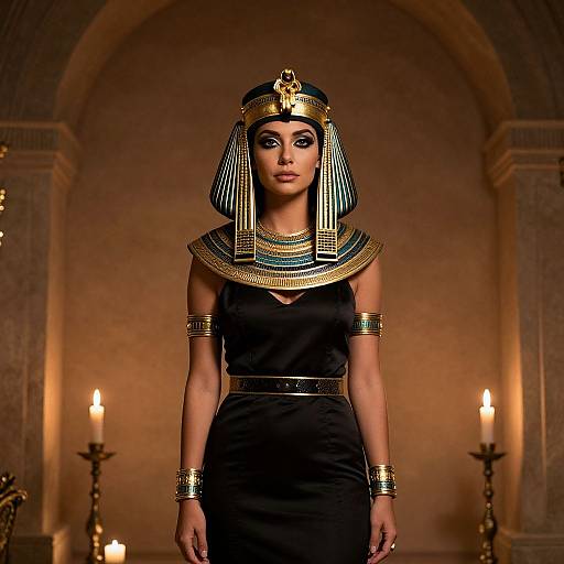 Photograph of a statuesque woman in ancient Egyptian attire, wearing a black dress, gold accessories, striped headdress, and arched temple background with