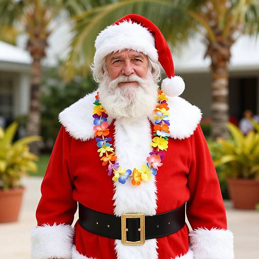 Photograph of a smiling, elderly Santa Claus with white beard, red suit, white fur trim, black belt, and colorful flower lei, standing outdoors