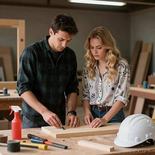 Couple Working at Cluttered Woodshop Bench