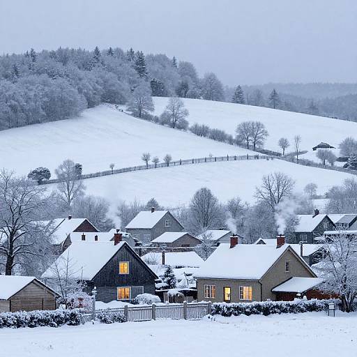 Photograph of a snowy suburban landscape with illuminated houses, snow-covered roofs, leafless trees, and rolling hills in the background.