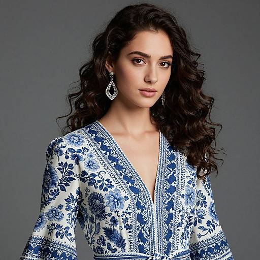 Photograph of a beautiful woman with wavy black hair, wearing a blue and white floral-patterned long-sleeve blouse, and elegant diamond drop