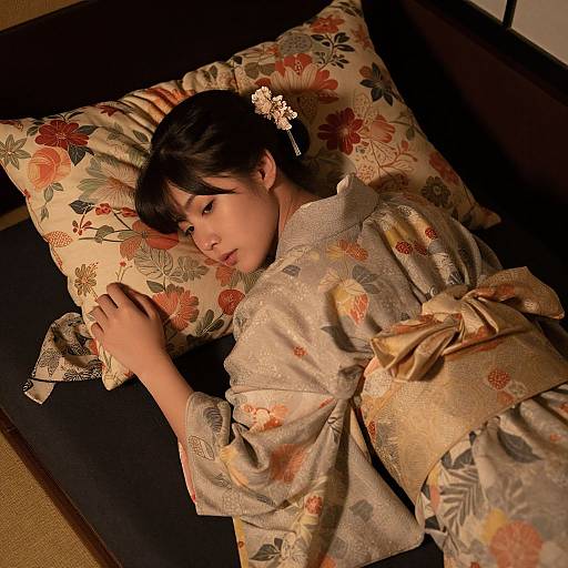 Young Asian woman in traditional floral kimono lies on a dark couch with patterned pillow, illuminated softly, looking relaxed. Photograph.
