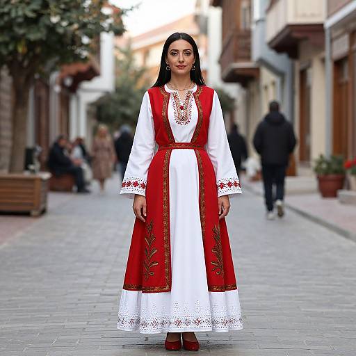 Photograph of a young woman with long black hair, wearing a traditional red and white embroidered dress, standing in a cobblestone street with blurred pedestrians