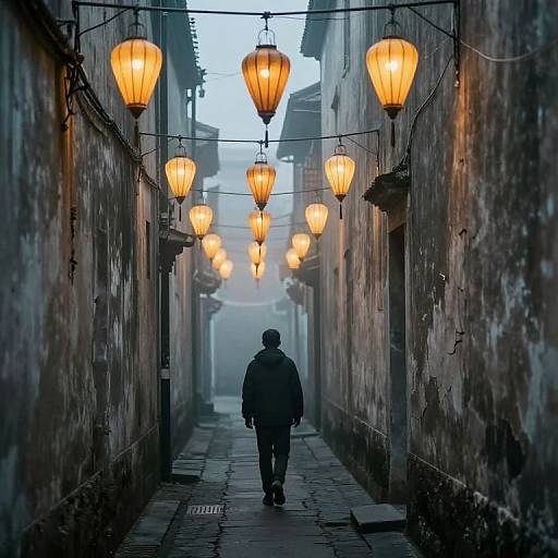 Photograph of a person in a dark coat walking down a narrow, cobblestone alley illuminated by hanging, warm orange lanterns.