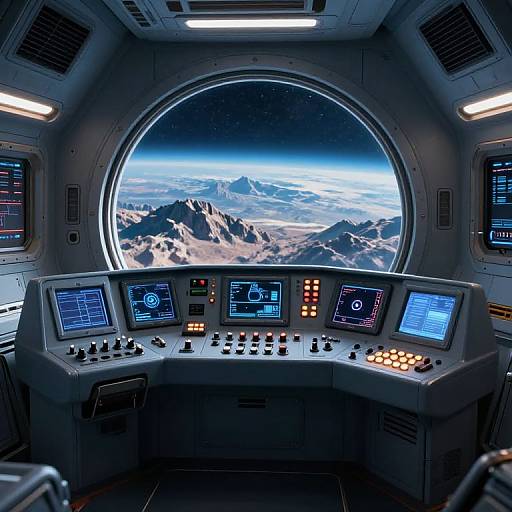 Photograph of a futuristic spacecraft cockpit with round window showing Earth and mountainous landscape, illuminated control panels, and star-filled sky.