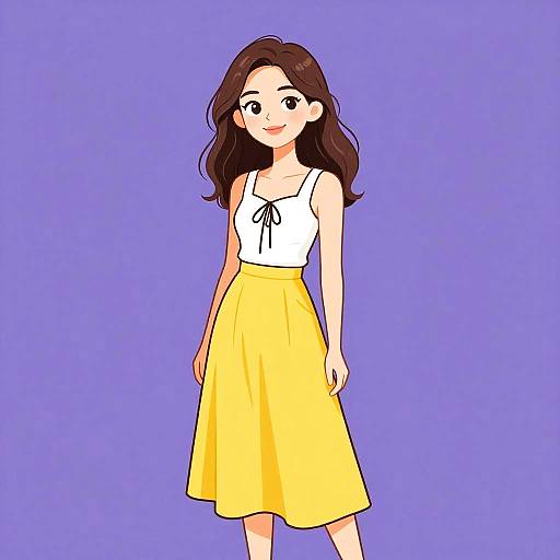 Digital drawing of a smiling woman with long brown hair, wearing a white sleeveless top and yellow skirt, against a solid purple background.