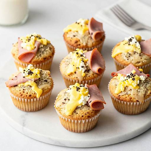 Photograph of six muffins with yellow cheese, black pepper, and pink ham slices on a white plate, soft lighting.