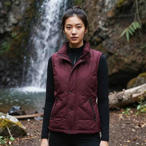 Photograph of an Asian woman with medium skin tone, black hair in a ponytail, wearing a maroon quilted vest over a black long-s