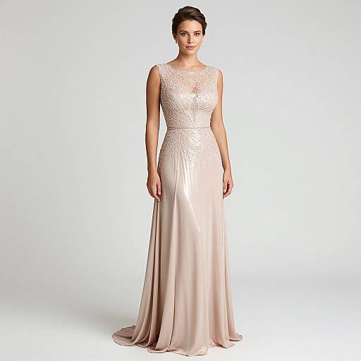 Photograph of a brunette woman in a sleeveless, ivory, lace-embellished, floor-length wedding gown with a flowing, satin skirt,