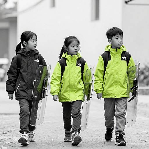 Photograph of three Asian children, two girls and one boy, walking outdoors in yellow and black jackets, holding transparent riot shields, with a blurred urban