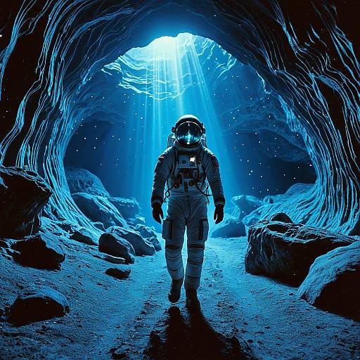 Astronaut Walking in Bioluminescent Cave