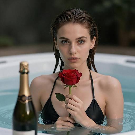 Elegant Woman in Hot Tub with Rose
