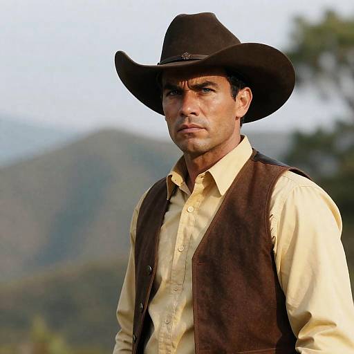 Stern Cowboy Portrait in Mountain Landscape