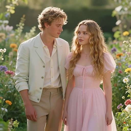 Photograph of a blonde, curly-haired man in a white blazer and beige pants, standing close to a blonde, wavy-haired woman in a