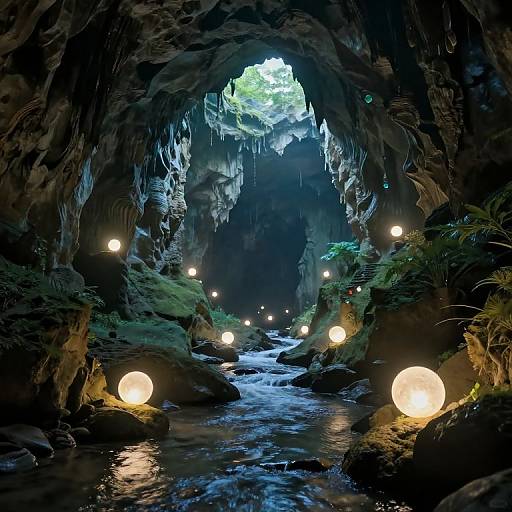 Photograph of a mystical cave with glowing lanterns, lush greenery, and a bright opening above, illuminating a flowing stream.
