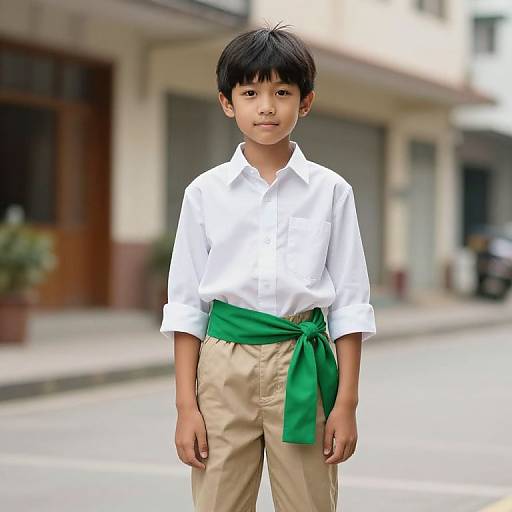 Photograph of a young Asian boy with black hair, wearing a white shirt, beige pants, and a green ribbon tied around his waist, standing on