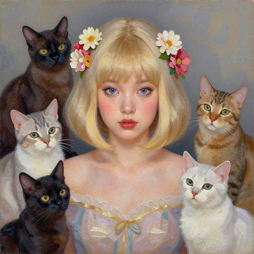 Digital painting of a blonde, blue-eyed girl with a flower crown, surrounded by six cats of varying colors and patterns.