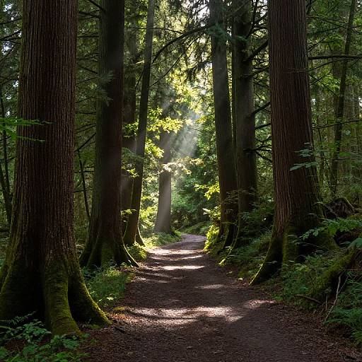 Photograph of a sunlit forest path, flanked by tall, moss-covered redwood trees, with sunlight streaming through green leaves, casting dapp