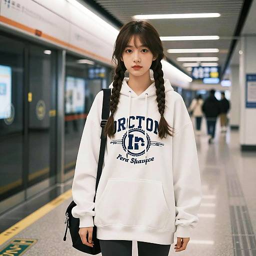 Photograph of an Asian woman with long braided hair in a white 