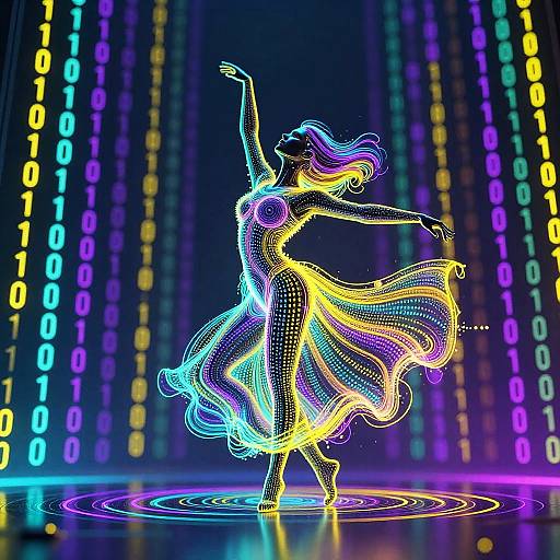 Digital Neon Dancer with Binary Code