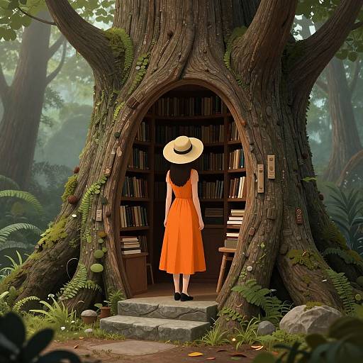 Digital art: A woman in an orange dress and wide-brimmed hat stands before a wooden, treehouse library entrance, surrounded by lush forest.