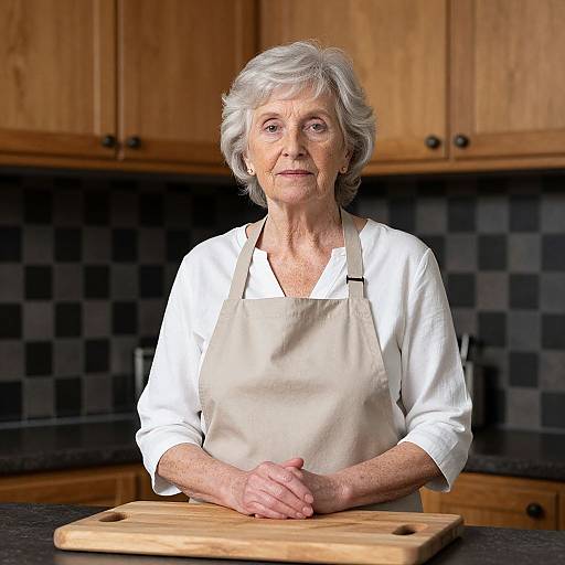 Photograph of an elderly white woman with short gray hair, wearing a white shirt and beige apron, standing in a wooden kitchen with black checkered