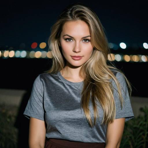 Blonde Woman Wearing Grey Shirt at Night