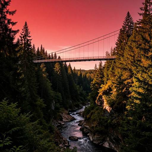 Photograph of a red sunset sky over a forested river valley, featuring a suspension bridge with tall, dark pine trees.
