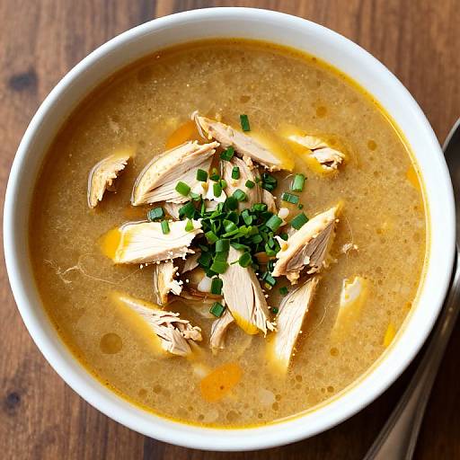 Photograph of a white bowl filled with creamy chicken soup, topped with shredded chicken and chopped green onions, on a wooden table.