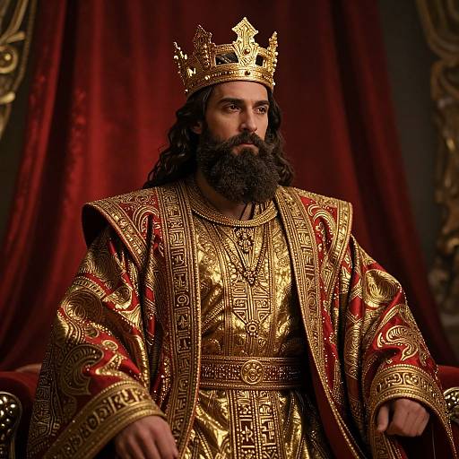 Photograph of a bearded king with long black hair, wearing a gold crown and ornate red and gold robe, seated against a rich red velvet