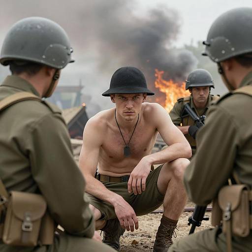 Shirtless Soldier Amid Battlefield Smoke