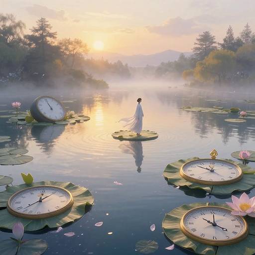 Digital artwork: A serene, misty lake at sunrise with a figure in white standing on a lily pad, surrounded by floating clock faces and pink
