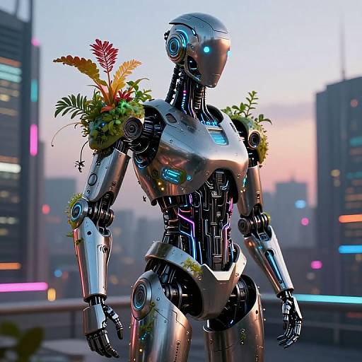 Photorealistic CGI of a metallic robot with glowing blue lights, adorned with colorful flowers, standing against a futuristic cityscape at sunset.