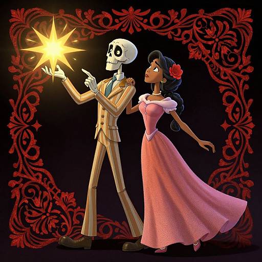 Digital illustration of a skeleton in a striped suit holding a glowing star, beside a dark-skinned woman in a pink dress with a red flower, set