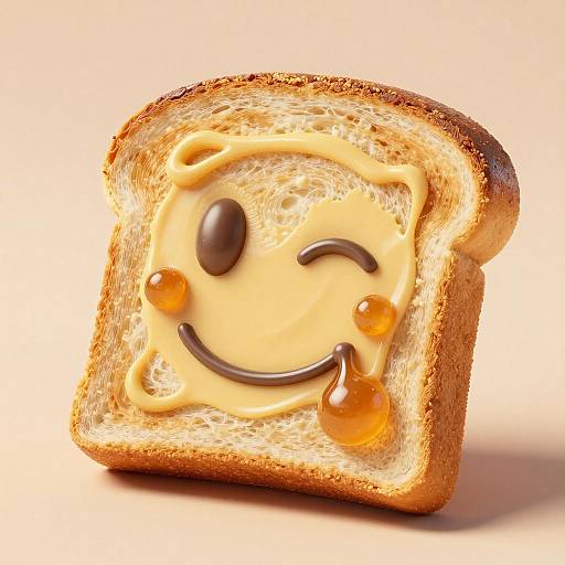 Photograph of toasted bread with a smiley face made from yellow cream, brown chocolate eyes, and orange jelly dots on a beige background.